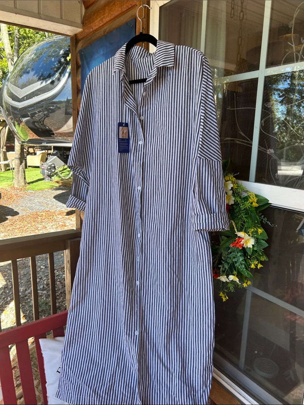Striped Navy and White Longline Dress Shirt - Classic Collar